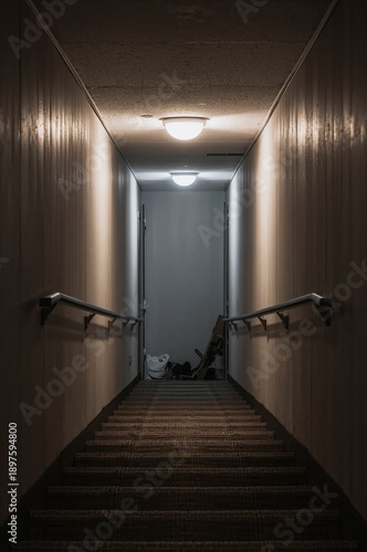 Dimly Lit Staircase Leads to an Open Door at the End of a Hallway in a Building