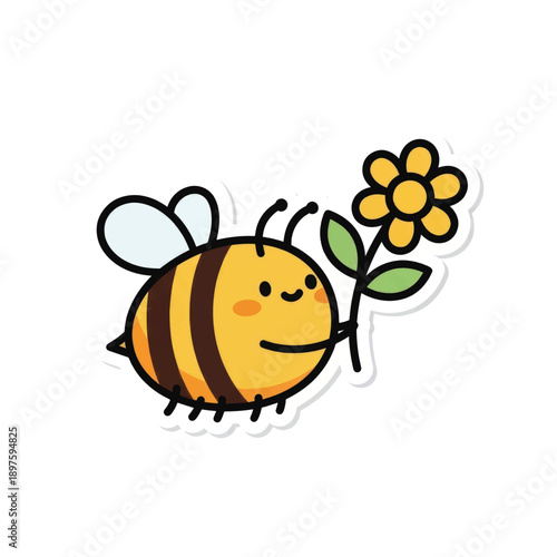 Cute cartoon bee flying toward a bright flower with a cheerful smile in a sunny meadow.