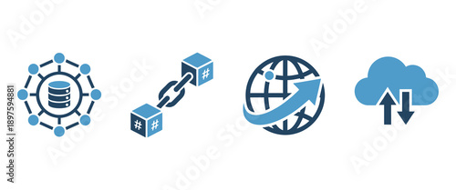 A collection of four icons representing database, blockchain, globe, and cloud storage concepts.