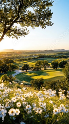 Beautiful golf course at sunset with golden light illuminating the fairways and trees, framed by a foreground of white daisies, capturing a luxurious outdoor leisure scene.