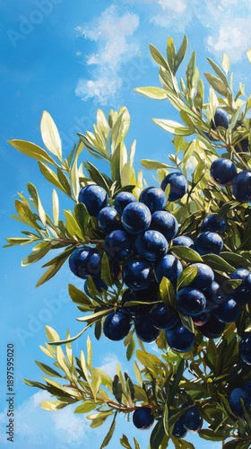 Close-up of a Vibrant Olive Branch Laden with Dark Blue Olives Against a Clear, Bright Blue Sky with Wispy Clouds, Painted in a Realistic Style