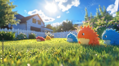 Whimsical scene of cute, colorful fuzzy monsters on a lush green lawn in bright sunlight, with a blurred suburban house and picket fence in the background, creating a playful and cheerful atmosphere.