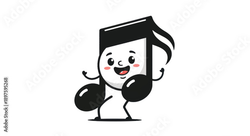 Playful cartoon musical note character dancing in joyful illustration.