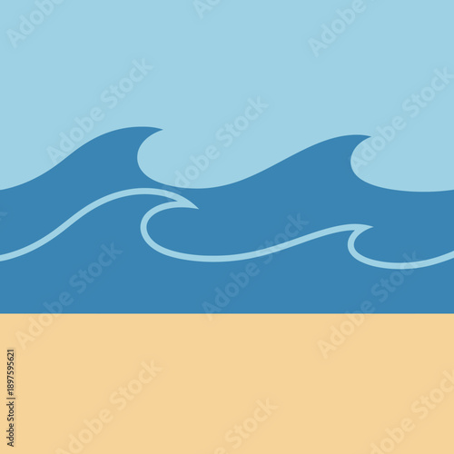 Stylized illustration of ocean waves crashing onto a sandy shore.