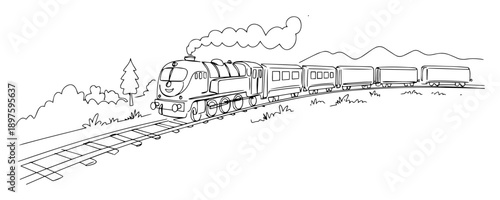 train on tracks landscape line art