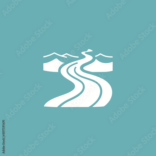 Abstract illustration of a winding river with mountains in the background.