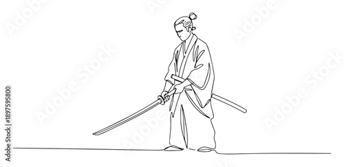 samurai warrior with sword monoline illustration