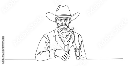 cowboy with hat and beard monoline portrait