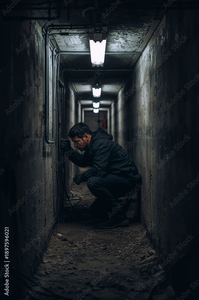 Fototapeta premium Man Works on Wires in a Dimly Lit Corridor at Night in an Underground Location