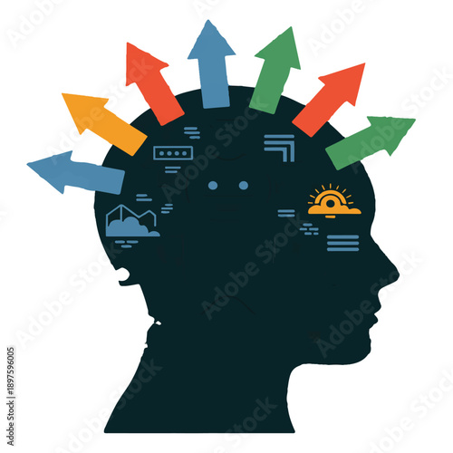 Silhouette of human head showing multiple upward arrows representing ideas directions brainstorming thinking and future goals vector