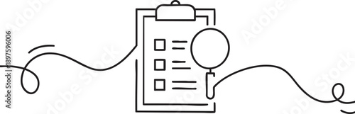 Clipboard with checklist and magnifying glass icon simple line art for research and analysis concepts isolated on white