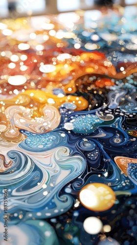 Abstract swirling liquid art with vibrant blue, gold, and orange colors, featuring shimmering bokeh lights and intricate patterns, representing fluid dynamics, creativity, and cosmic energy.