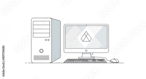 Modern desktop computer setup with tower and monitor on a desk reflected in a simple office environment.