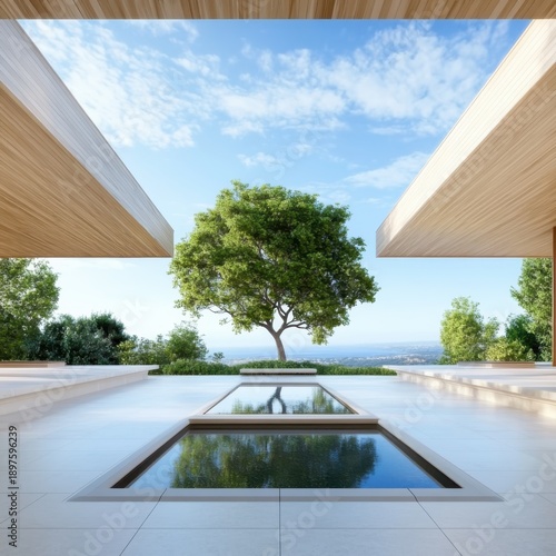 Modern minimalist architectural terrace with reflecting pools, a lush green tree, and a scenic ocean view under a clear blue sky with clouds