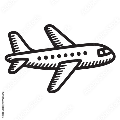 Detailed airplane sketch in hand drawn doodle style with hatch shading aircraft flying on checkered background travel aviation concept for creative projects transportation vector element