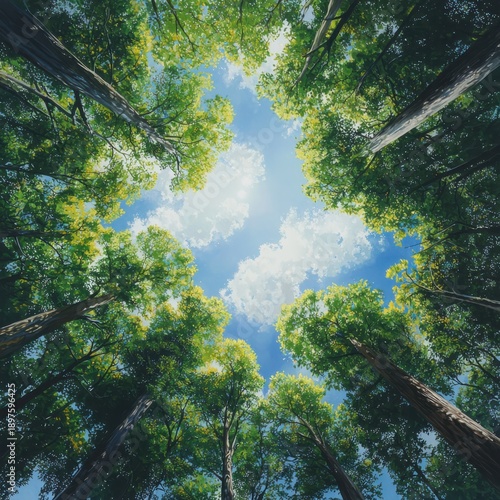 Looking Up Through Tall Green Trees to a Bright Blue Sky with White Clouds, Forest Canopy, Natural Light Filtering Down, Perspective from Below, Verdant Woodland, Summertime, Outdoor Scene