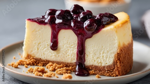 Delicious slice of new york cheesecake with rich blueberry topping and crumbled graham cracker base on a white plate © photoplotnikov