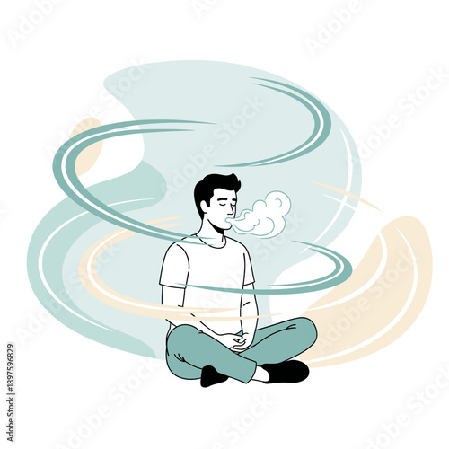 Calm Person Meditating Breathing Deeply Among Gentle Swirls