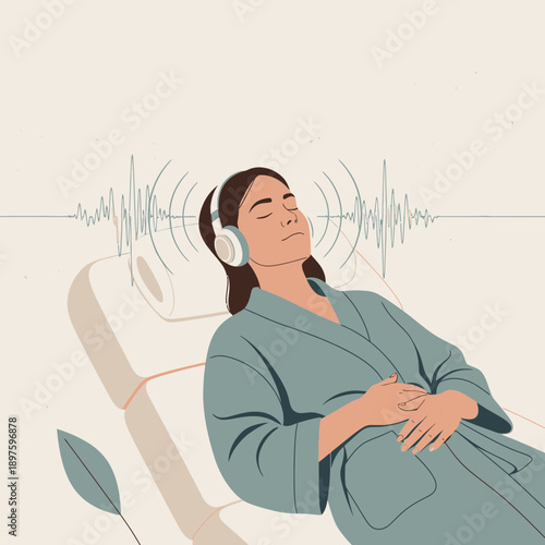 Calm Woman Relaxing With Headphones Experiencing Sound Therapy