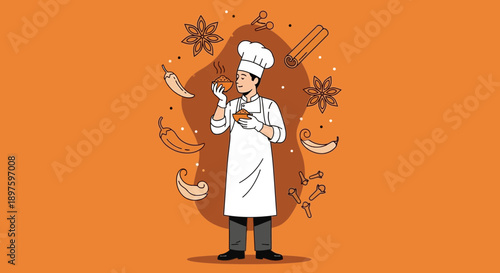 Chef Savoring Aromatic Spices In A Culinary Delight Illustration