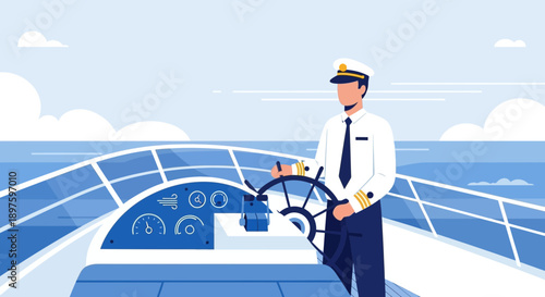 Captain Steering A Vessel Across The Ocean On A Clear Day