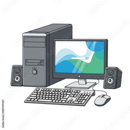 Desktop computer setup with monitor and speakers including keyboard and mouse on a desk.