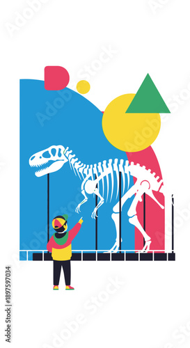 Child Discovering Ancient Dinosaur Skeleton In Museum Exhibit Colorful Abstract Art