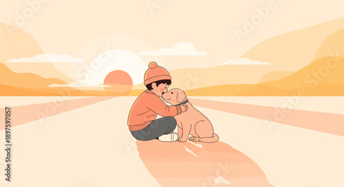 Child Embracing Loyal Dog During Sunset Serenity