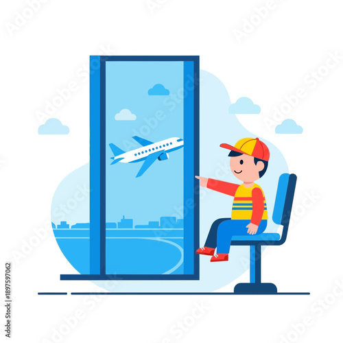 Child Eagerly Watching Airplane Takeoff From Airport Window