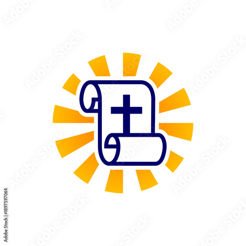 Vibrant icon illustrating a blue scroll featuring a Christian cross, set against a radiant yellow sunburst, representing faith and divine knowledge.