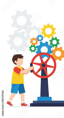 Child Engages With Colorful Gears Machine Conceptualizing Innovation And Development