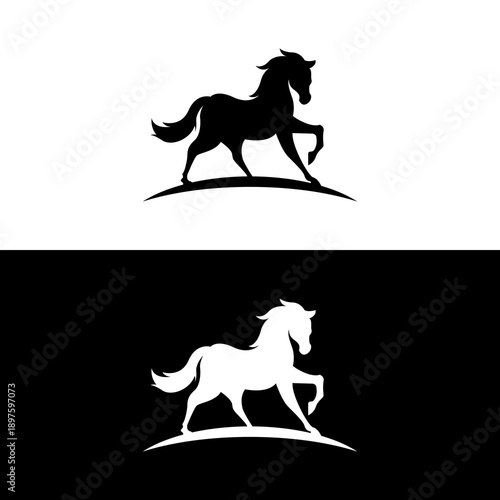 Elegant black and white horse silhouettes in a dynamic prancing pose, suitable for a logo design.