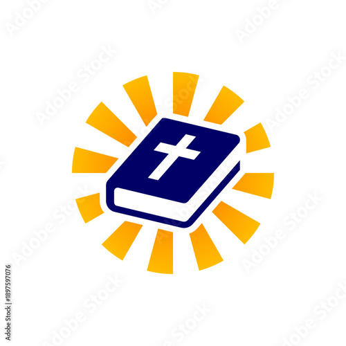 A blue Bible with a white cross radiates golden light, symbolizing spiritual guidance and faith.