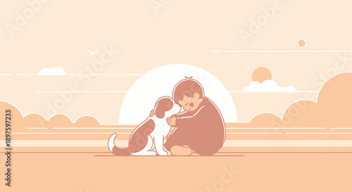 Childhood Companionship Comforting Embrace Of A Boy And His Loyal Dog At Sunset