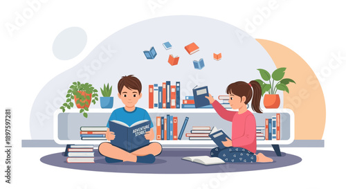 Children Discover Worlds Within Books Enjoying Reading Adventures Together