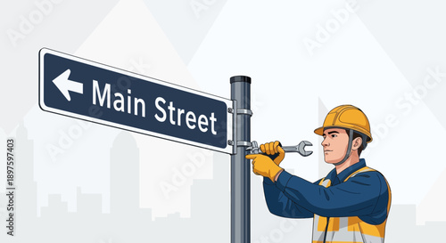 City Worker Adjusting Main Street Signage With Wrench