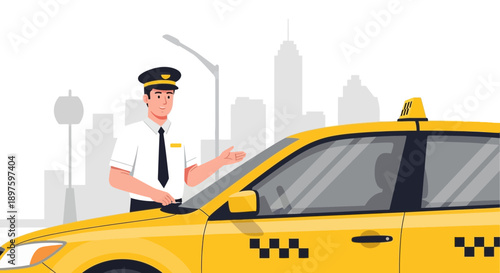 City Taxi Driver With Yellow Cab Ready For Hire