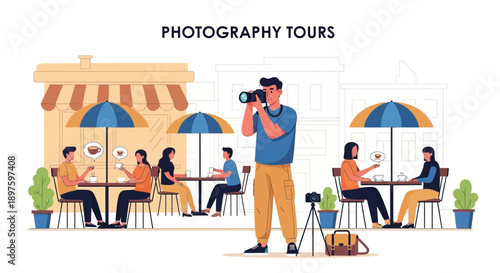 Capturing Moments City Cafe Scene With Photographer And Patrons Enjoying Coffee