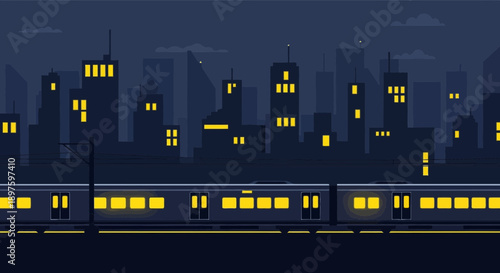 City Train Commute At Night With Illuminated Buildings And Sky