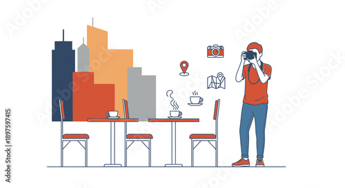 Cityscape Cafe Scene With Photographer Capturing Urban Moments