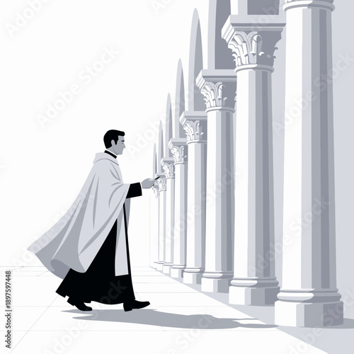 Clergyman Walking Down Grand Colonnade With Prayer Beads