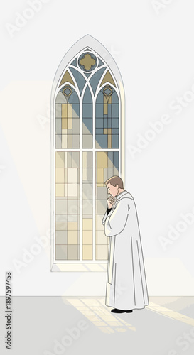 Cleric In Contemplation Before Ornate Gothic Window Bathed In Sunlight