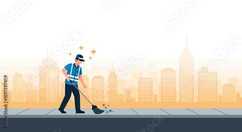 City Worker Sweeping Sidewalk With Sparkles And Buildings In Background Minimalist Style