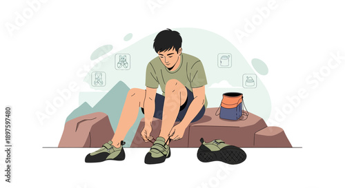 Climber Prepares For Ascent Tying Rock Climbing Shoes Outdoors