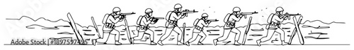 Fotografi soldiers storming beach with rifles – wwii style outline vector graphic
