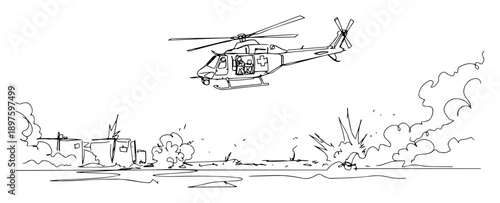 military helicopter flying over battlefield with explosions – outline vector drawing
