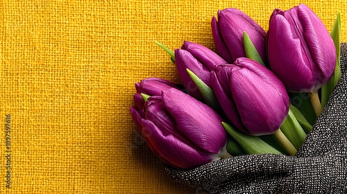 Purple Tulips on Yellow Burlap Background for Spring Decor or Greeting Card Design