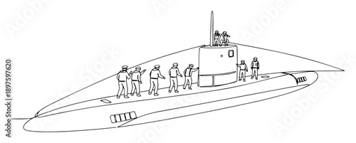 nuclear submarine crew on deck – outline naval military illustration