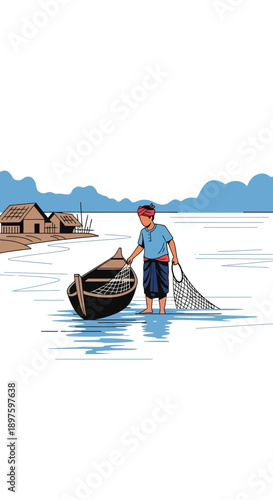 Coastal Village Fisherman Prepares Net For Daily Catch