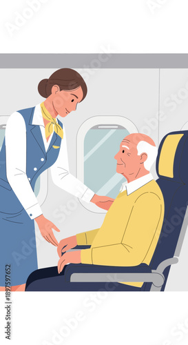 Caring Flight Attendant Assists Elderly Passenger On Airplane Journey